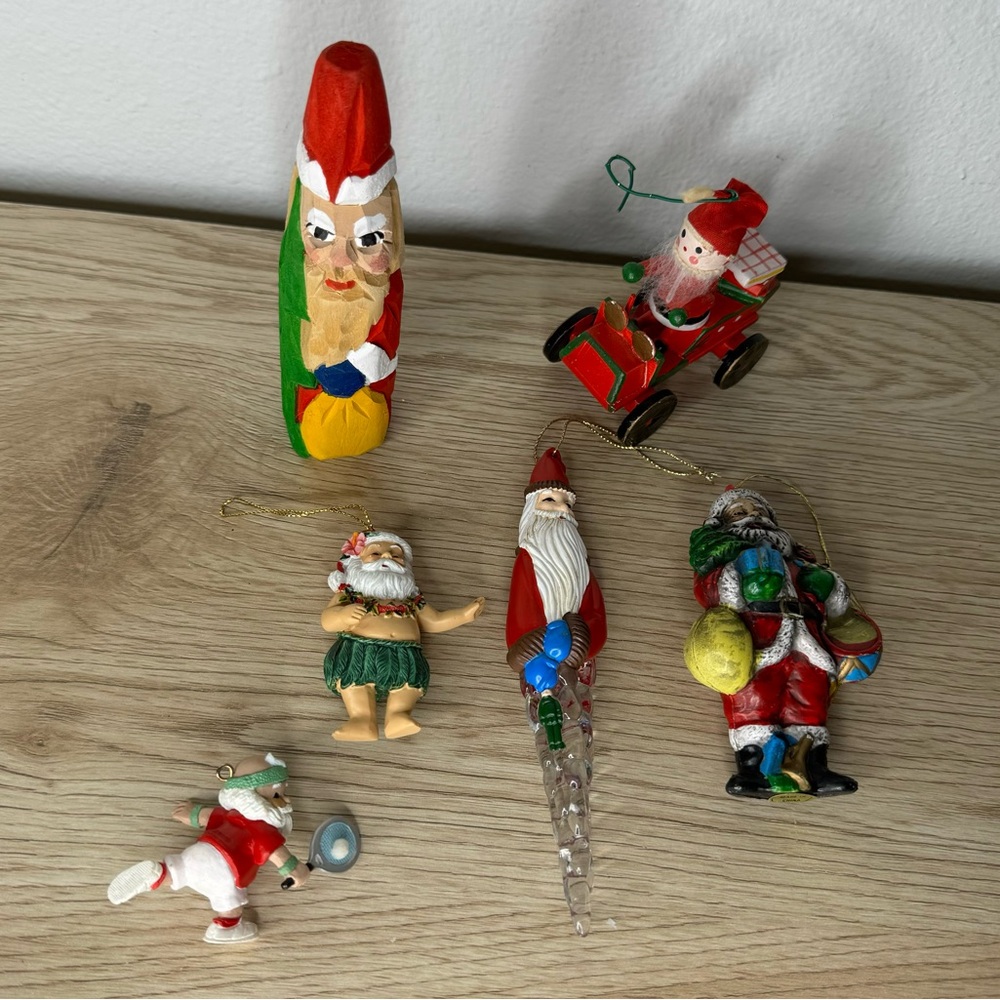 Santa Claus Ornament Lot of 6 Hula Tennis Icicle Wooden Car Hand Carved Figure